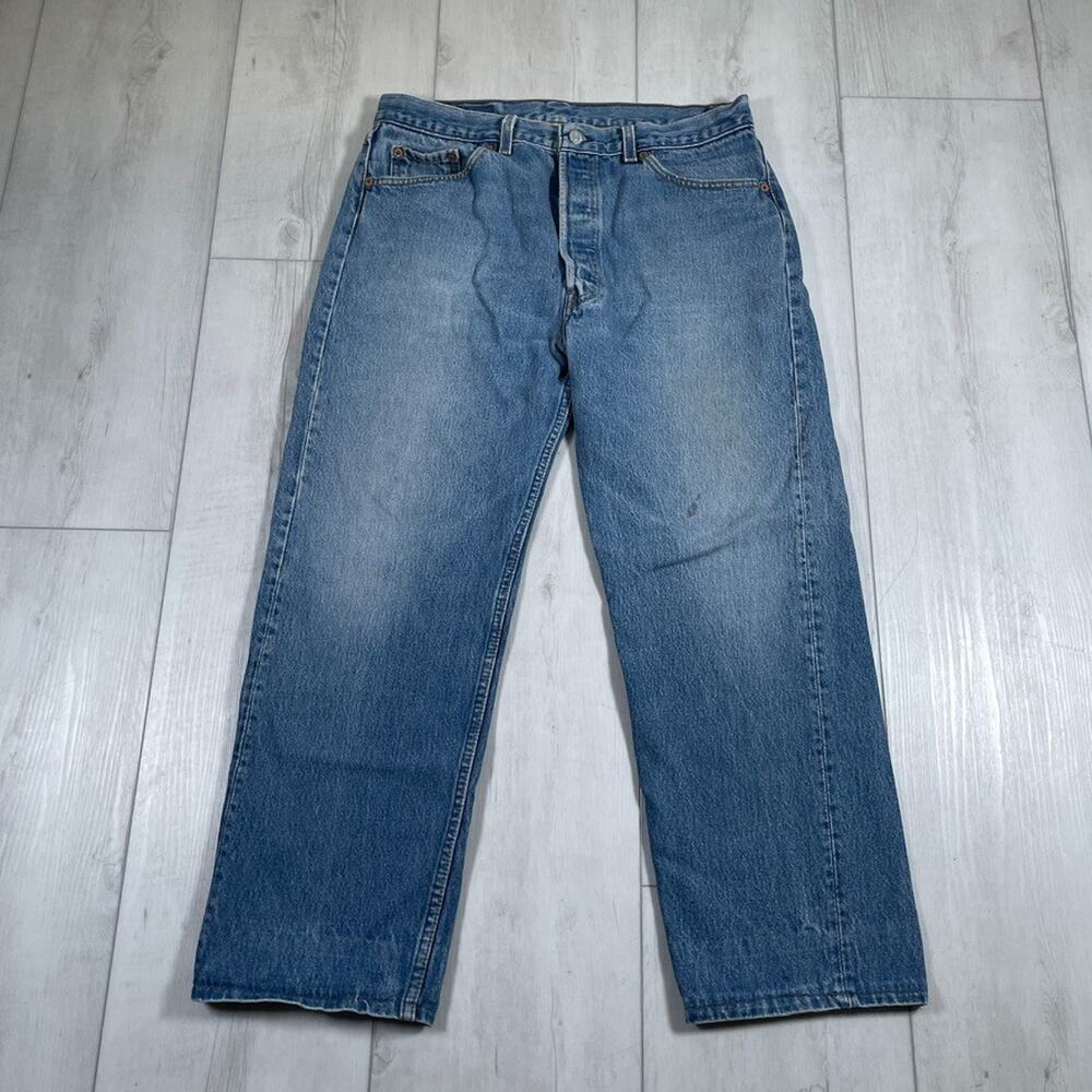 Levis Jeans 501 Premium Mens 36x26* (hemmed) Blue Distressed Buttonfly VTG